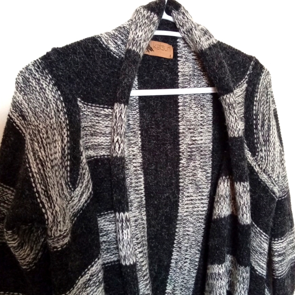 Katsumi Women's Grey Striped Marled Waterfall Open Cardigan with Fringe Size Sm